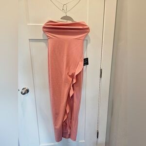 Lulus After Hours Strapless Maxi Dress Blush Pink Ruffled Side Slit Gown Size XS